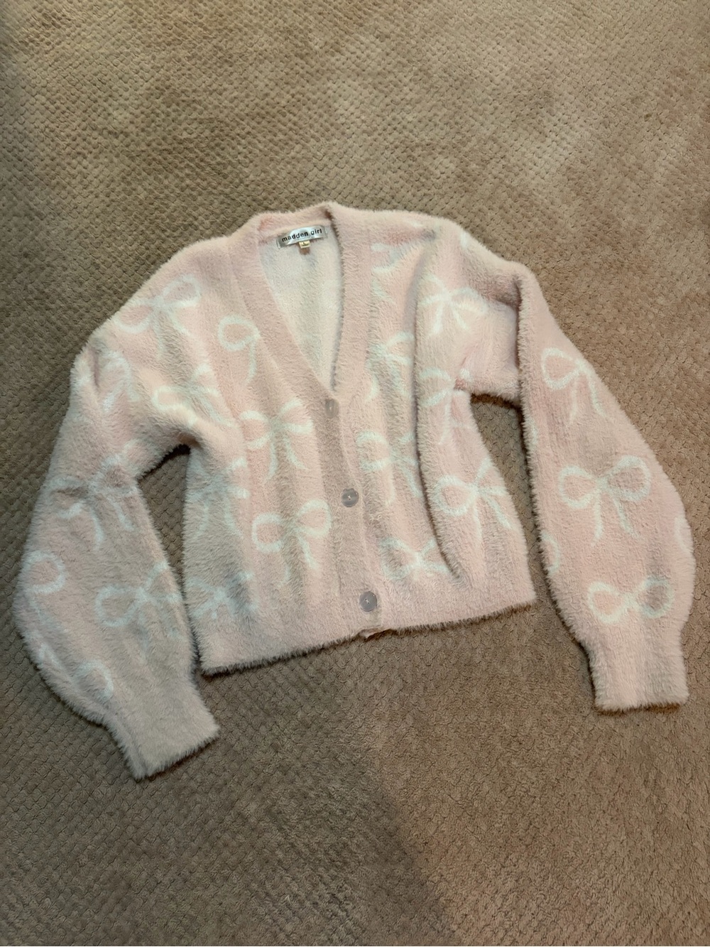 Madden Girl Pale Pink V-Neck Cardigan with White Bow Motif